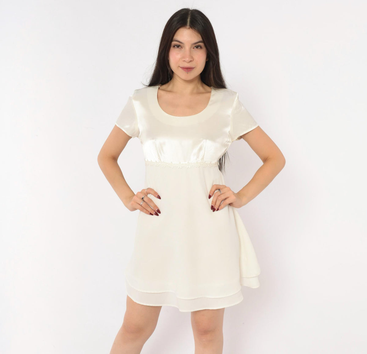 90s Byer Too! Babydoll Dress Cream Satin Empire Waist Chiffon Mini Small S