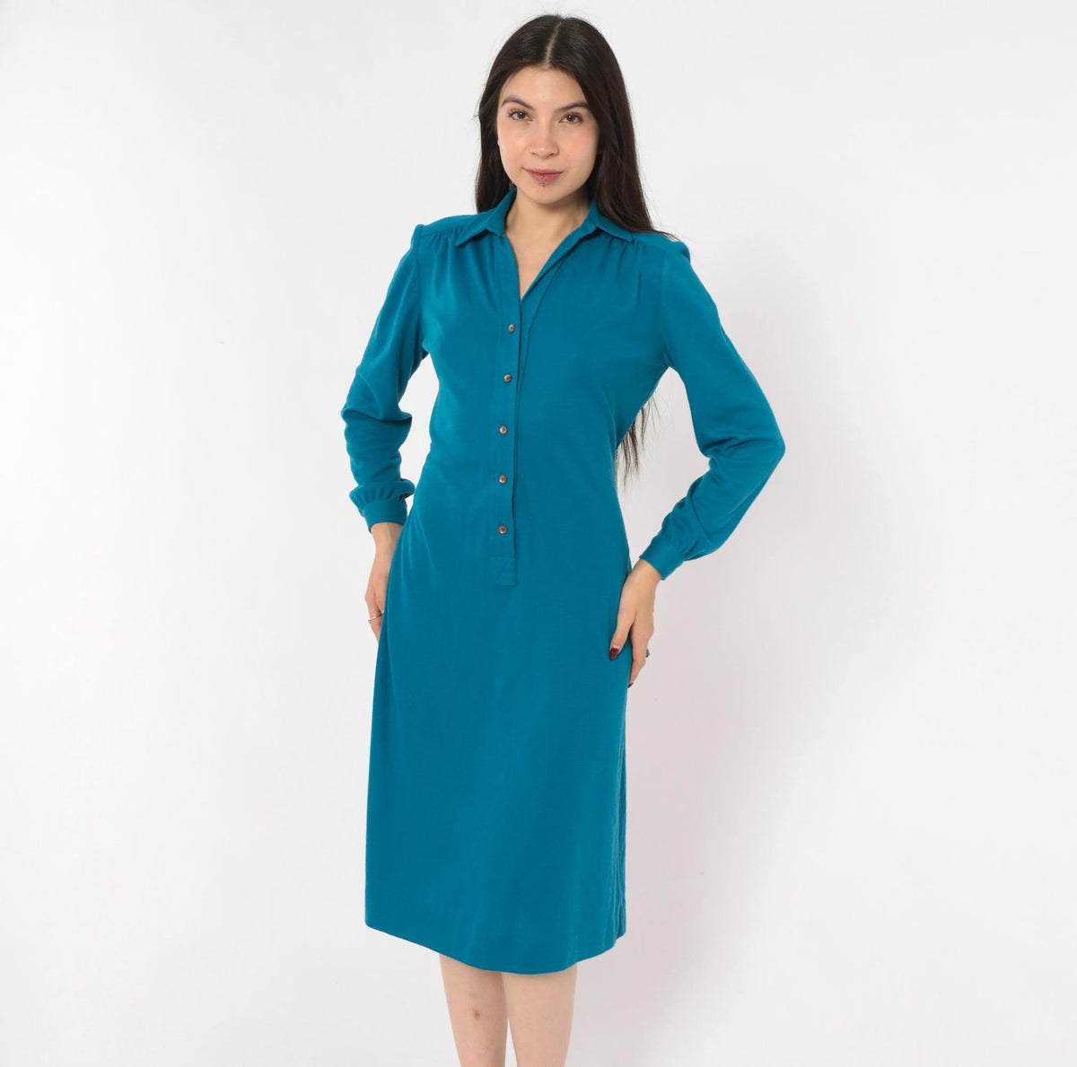 70s Schrader Sport Petites Teal Wool Shirt Dress Tie Waist A-Line Medium M