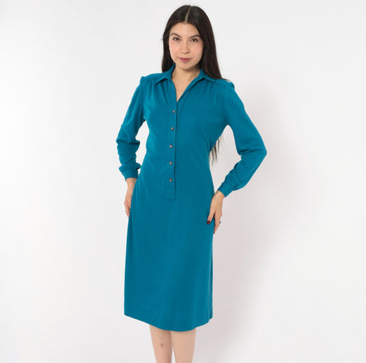 70s Schrader Sport Petites Teal Wool Shirt Dress Tie Waist A-Line Medium M