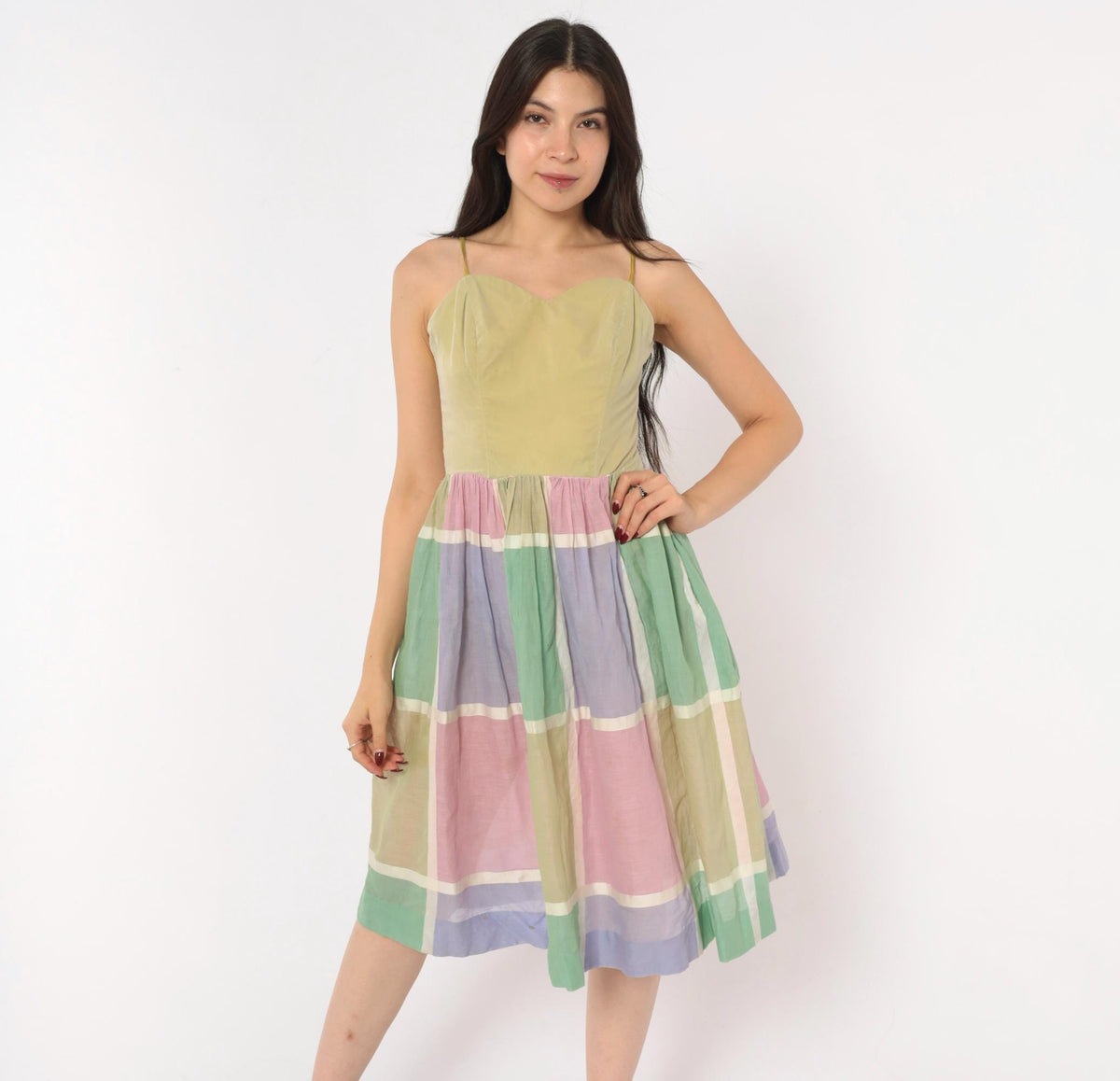 60s Pastel Plaid Sundress Sweetheart Neckline Gathered Skirt Cotton XS