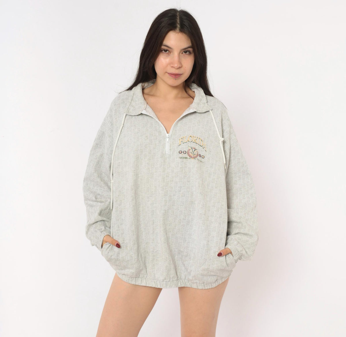 90s Tropical Casuals Florida Half-Zip Pullover Grey Cotton Waffle Knit Large