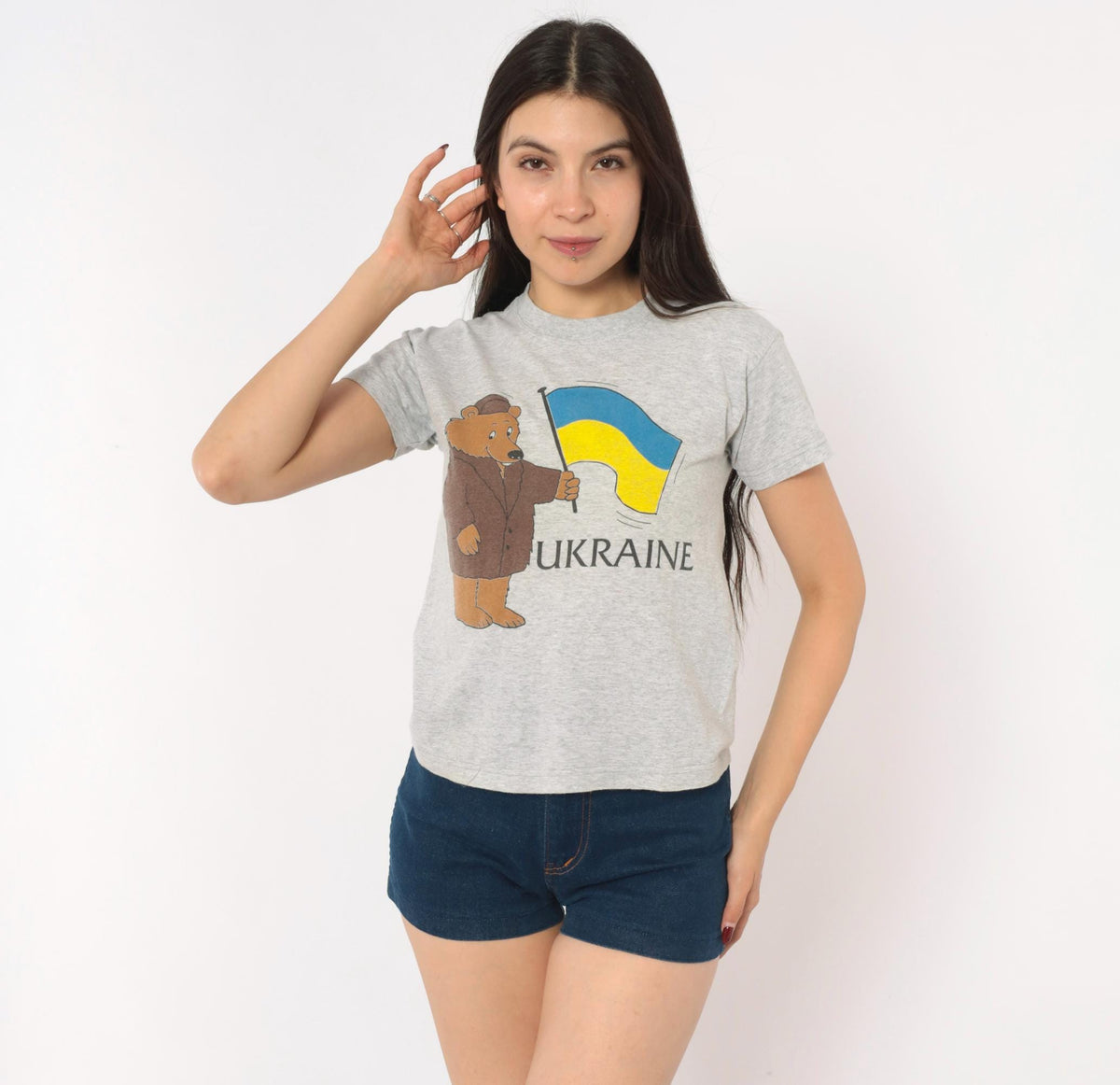 80s Screen Stars Ukraine Bear Graphic Baby Tee Grey Heather Extra Small XS