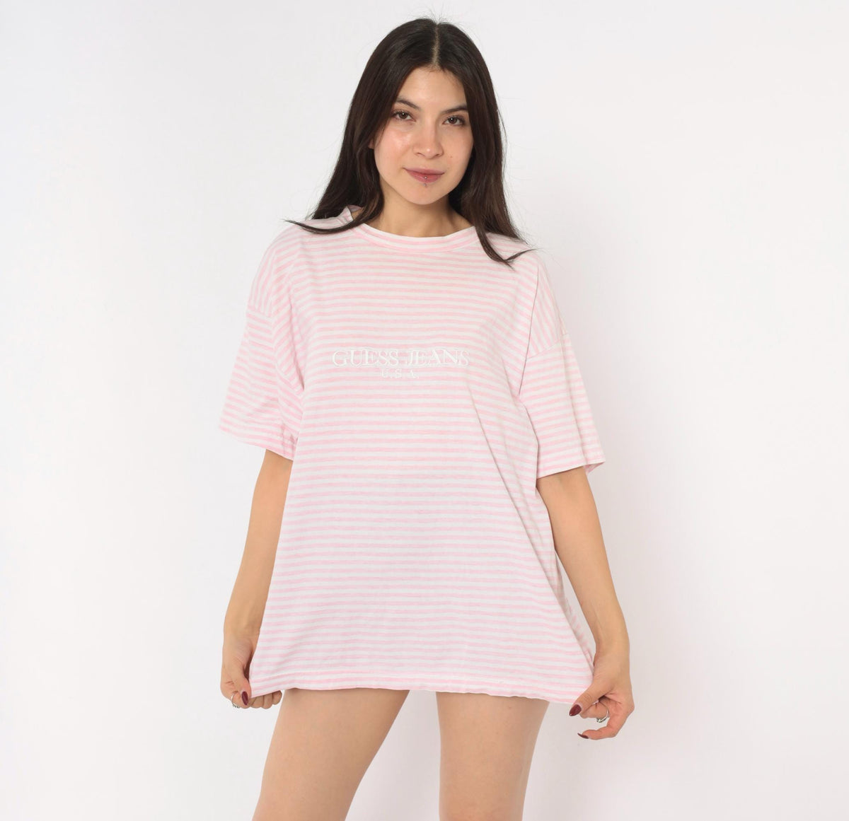 Guess Jeans USA Pink White Striped Cotton Tee Embroidered Logo Large