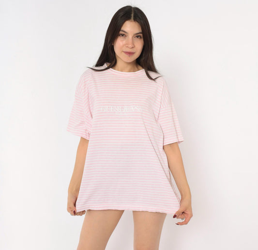 Guess Jeans USA Pink White Striped Cotton Tee Embroidered Logo Large
