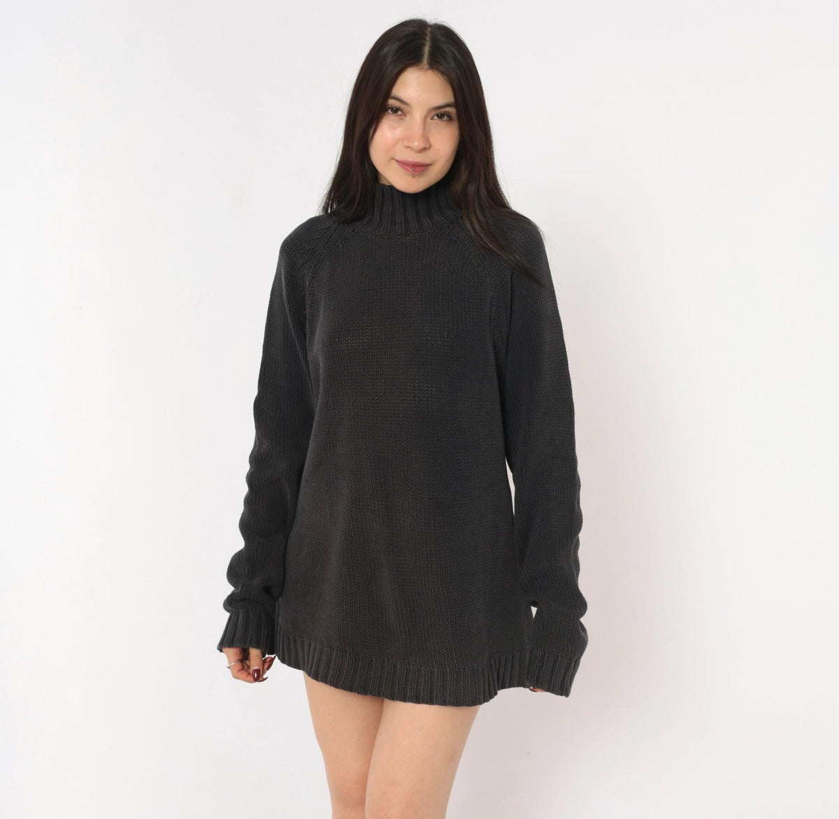 90s Chadwick's Black Mock Neck Sweater Cotton Knit Raglan Pullover Large L