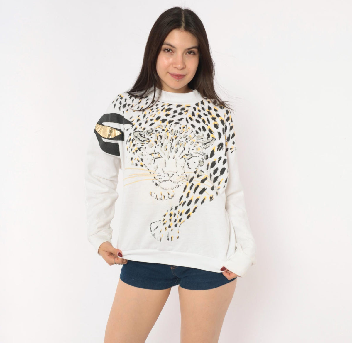 90s Land n Sea Leopard Face Sweatshirt White Gold Metallic Graphic Small