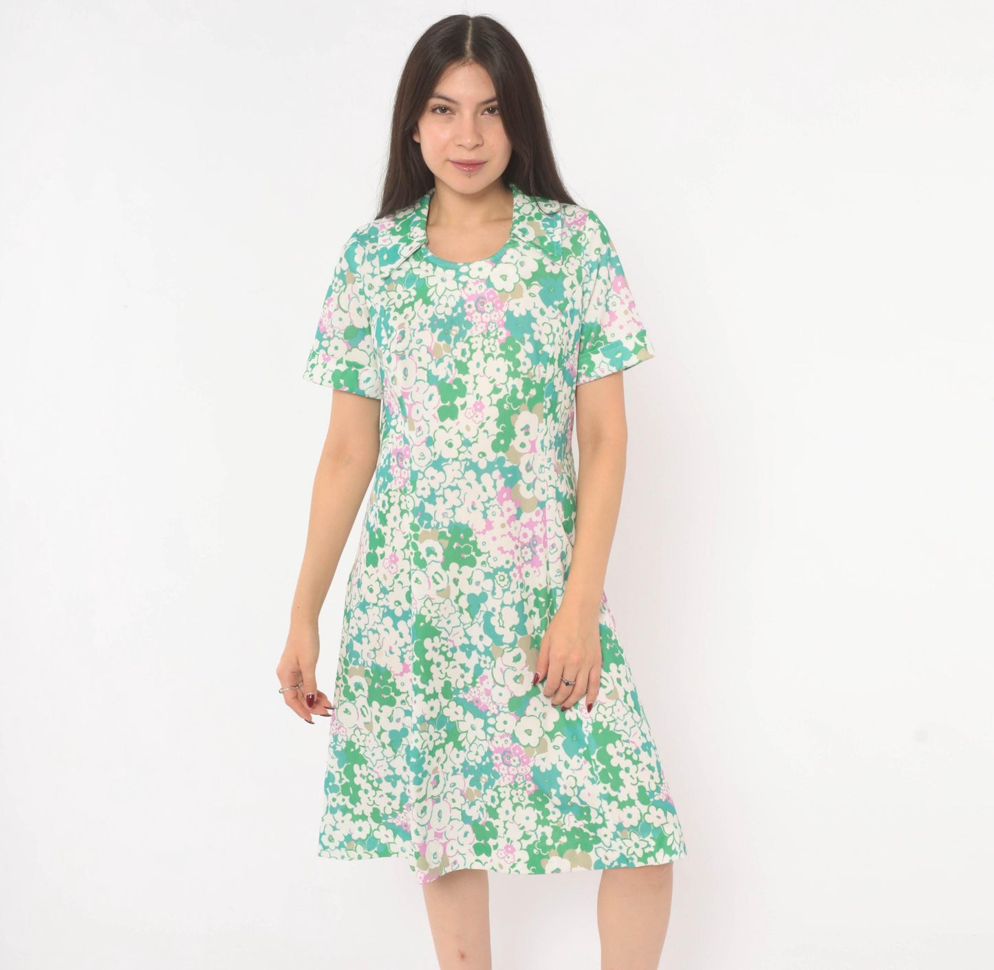 70s Psychedelic Floral A-Line Dress Green Pink White Scoop Collar Knee Medium