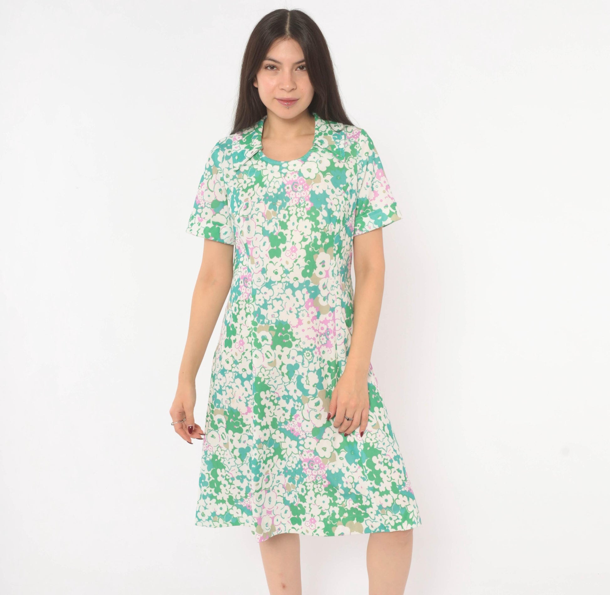 70s Psychedelic Floral A-Line Dress Green Pink White Scoop Collar Knee Medium
