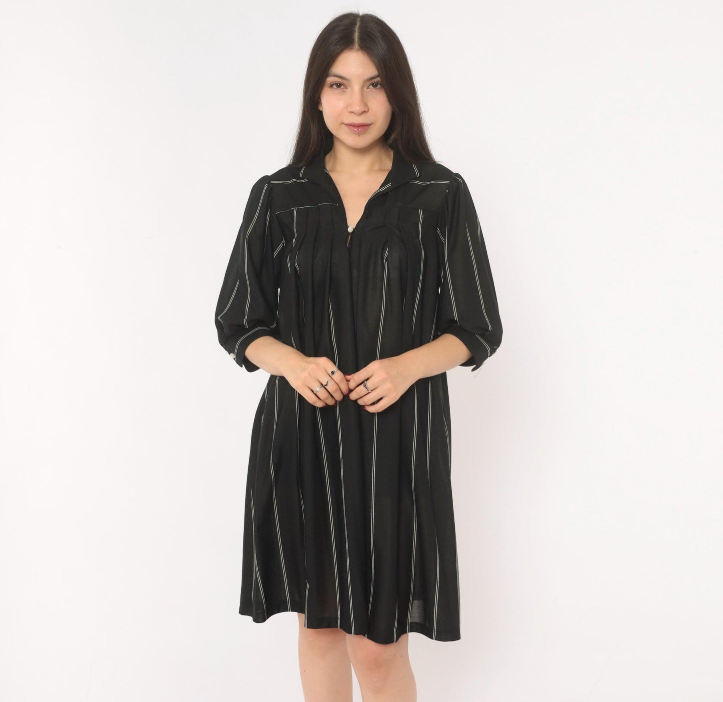 70s Black Pinstripe Shirt Dress Knee-Length Collared Button Front Medium