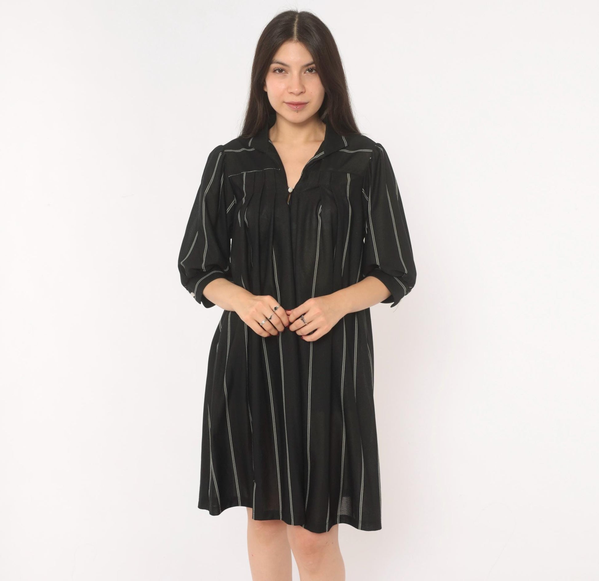 70s Black Pinstripe Shirt Dress Knee-Length Collared Button Front Medium