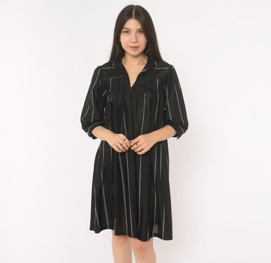 70s Black Pinstripe Shirt Dress Knee-Length Collared Button Front Medium