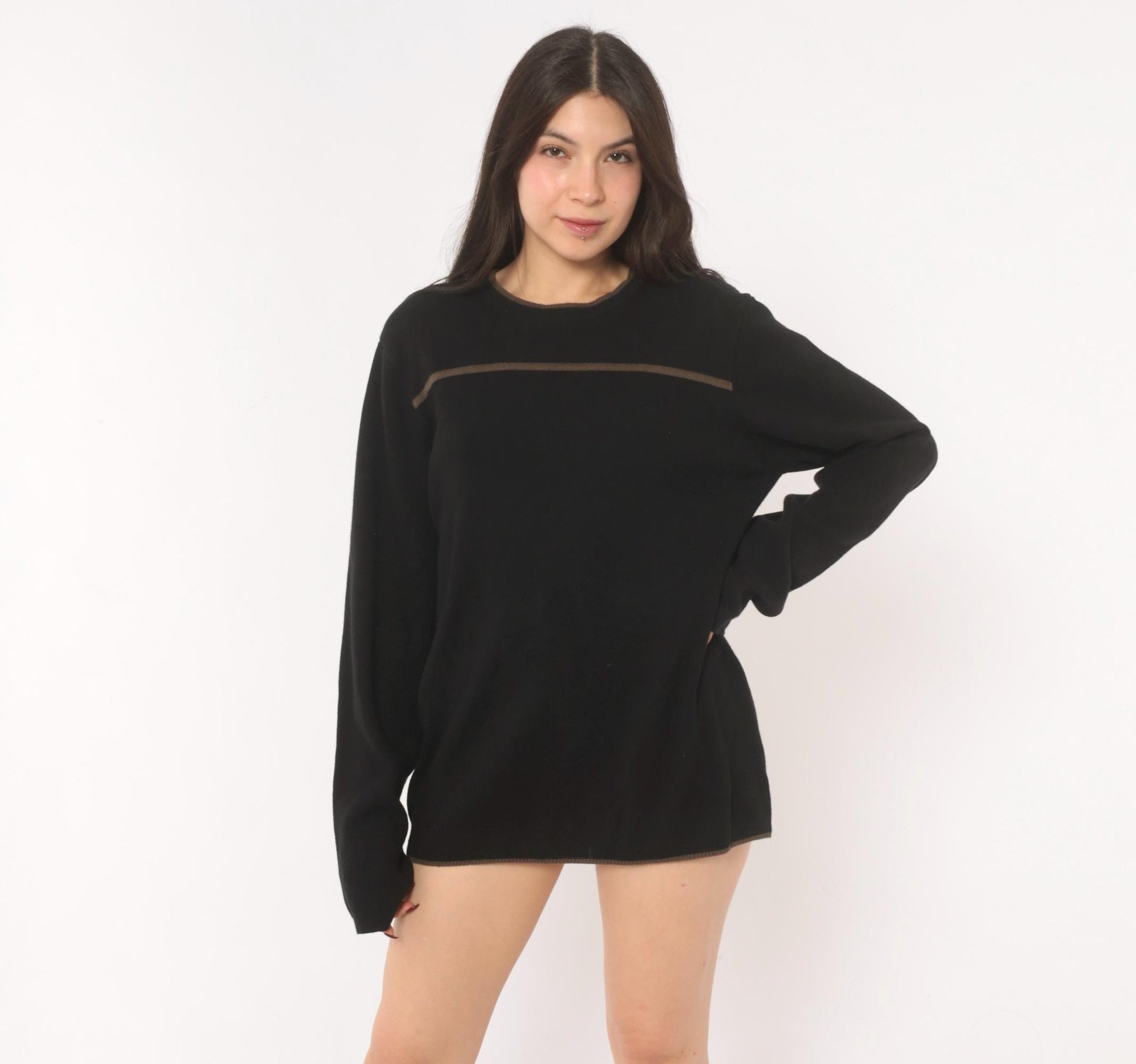 90s Reunion Black Knit Sweater Tan Stripe Crewneck Medium