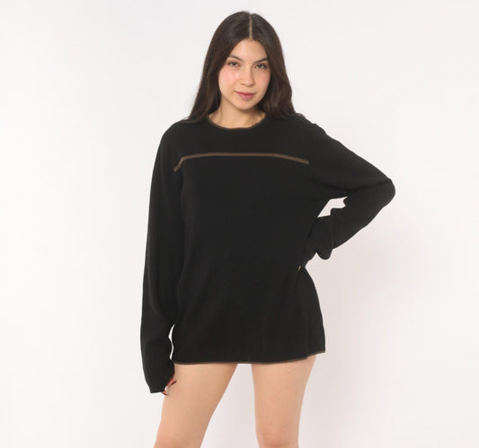 90s Reunion Black Knit Sweater Tan Stripe Crewneck Medium