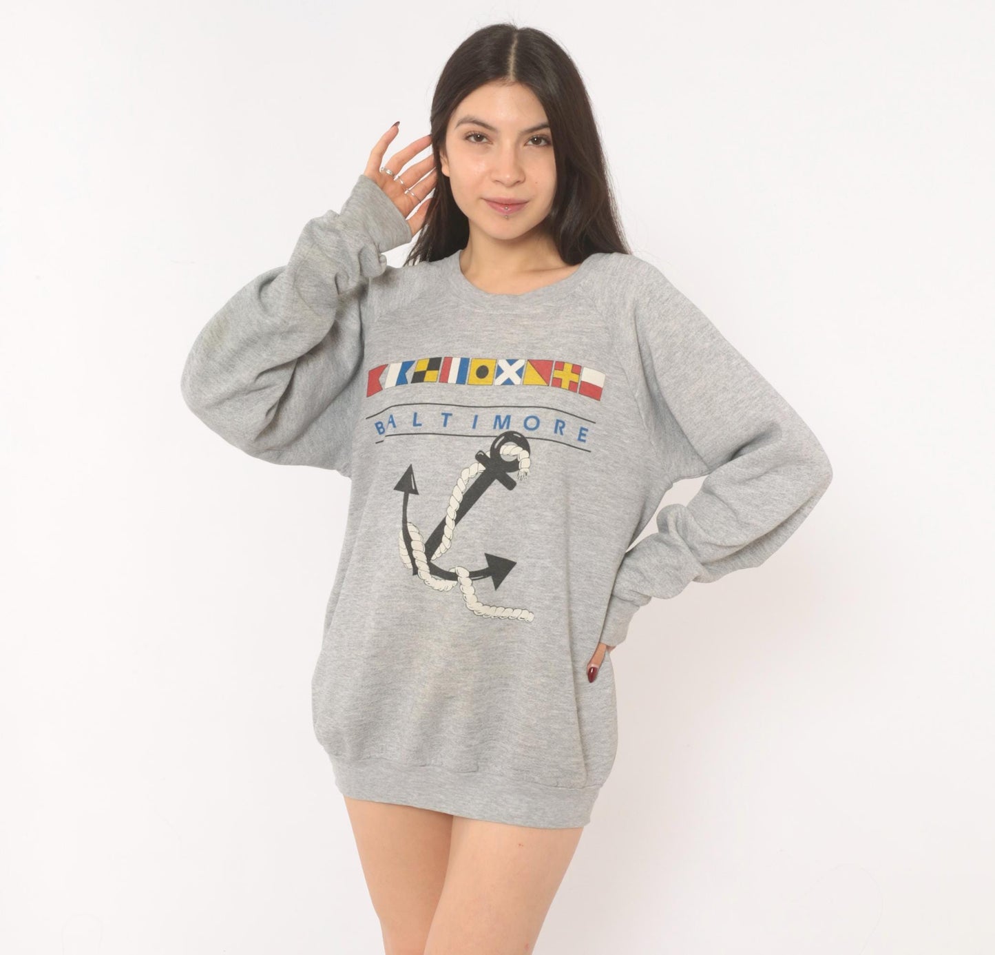 90s Fruit Of The Loom Baltimore Nautical Anchor Sweatshirt Grey Heather Extra Large