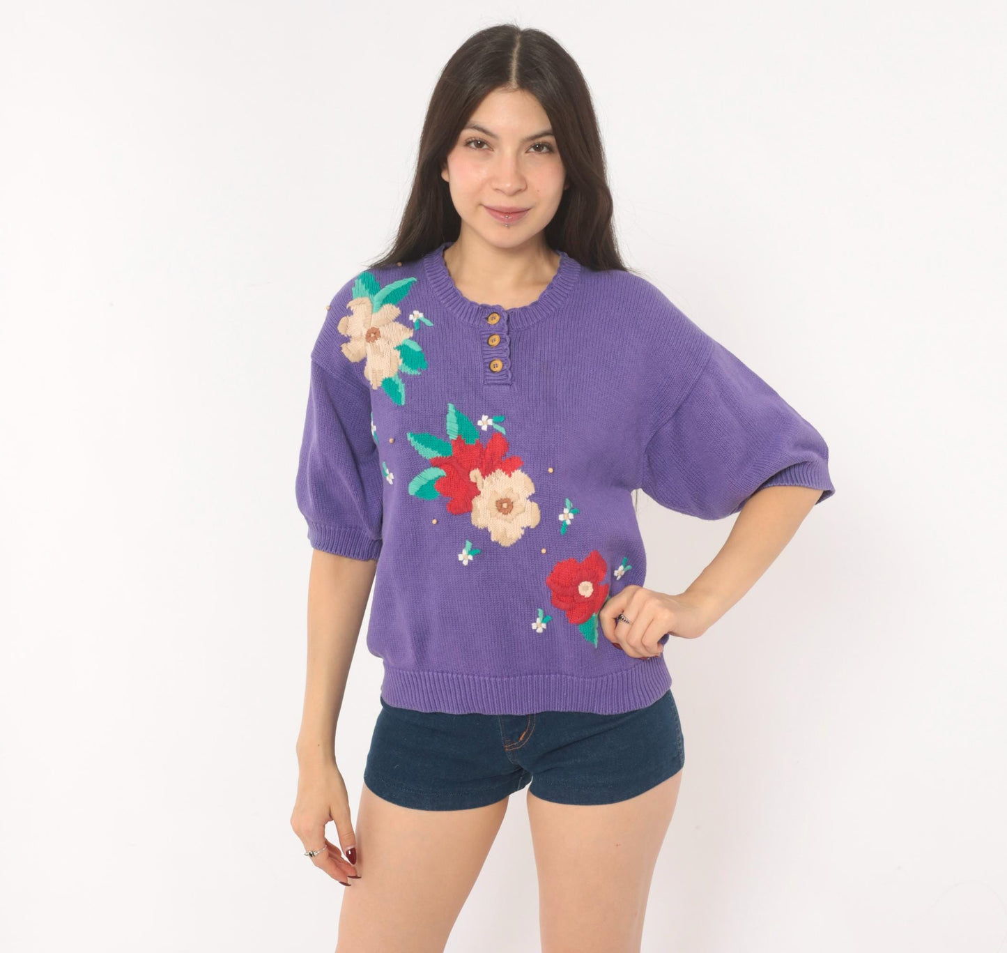 80s Koret Francisca Purple Floral Embroidered Henley Sweater Cotton Medium M