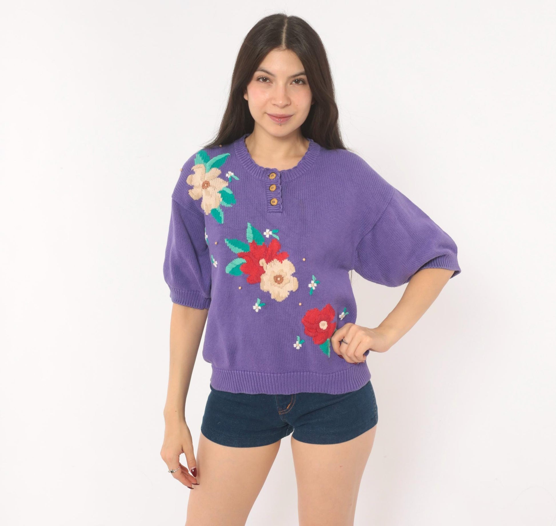 80s Koret Francisca Purple Floral Embroidered Henley Sweater Cotton Medium M