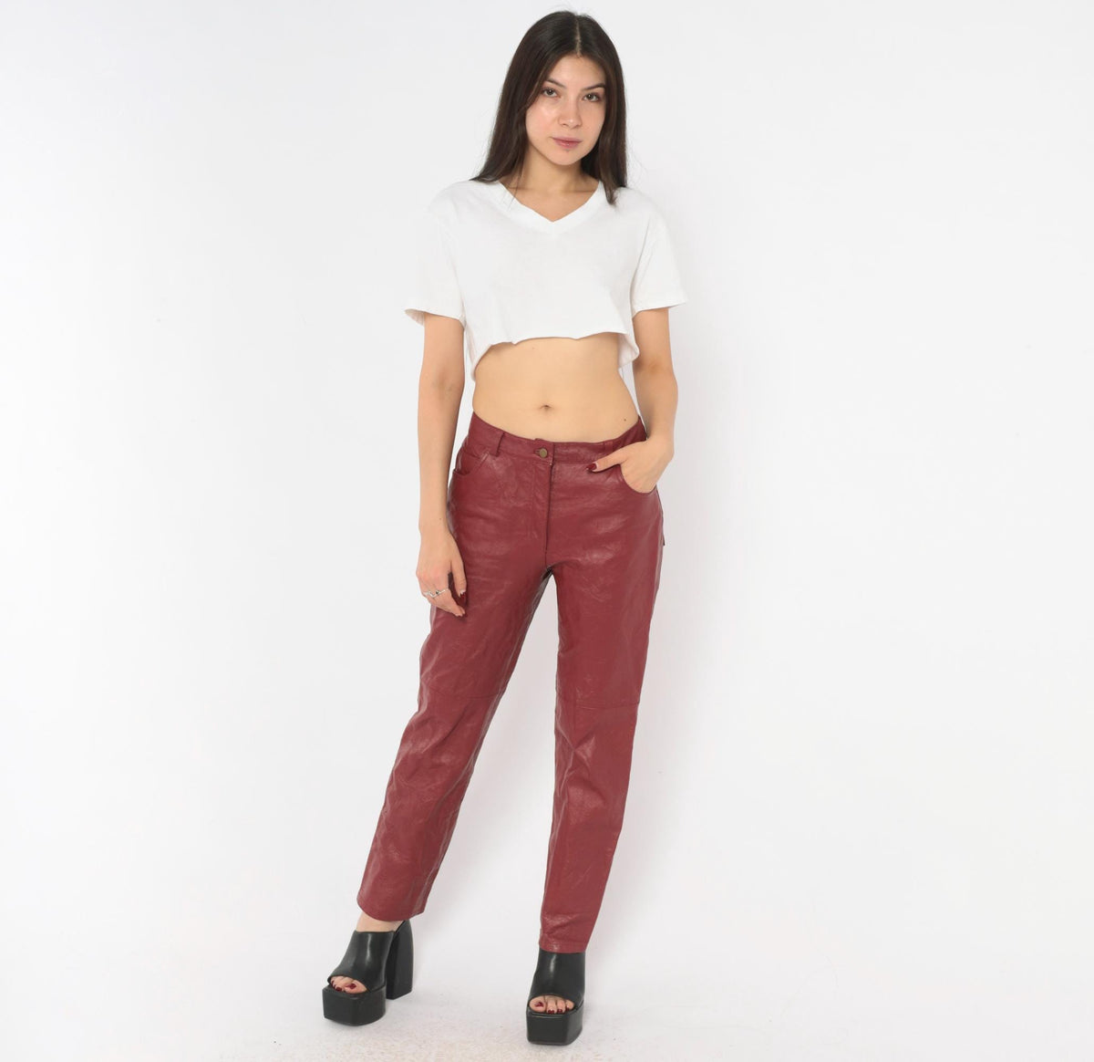 2000s Metrostyle Burgundy Leather Pants Straight Leg Low Rise Small Petite