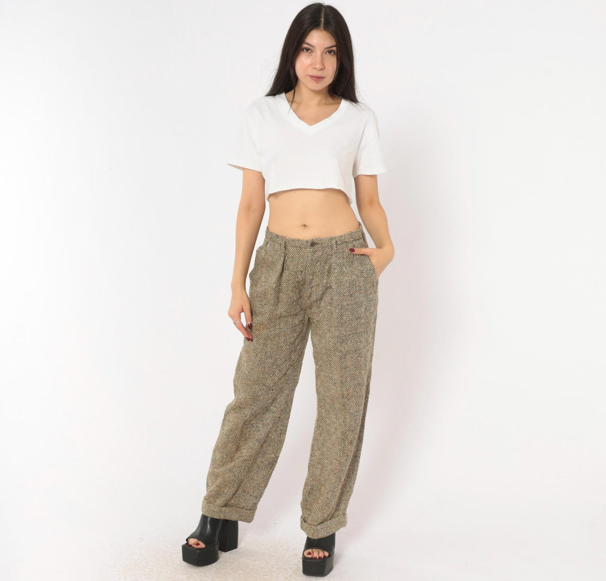 70s Herringbone Tweed Wool Pleated Trousers Tan Cream High Rise Medium