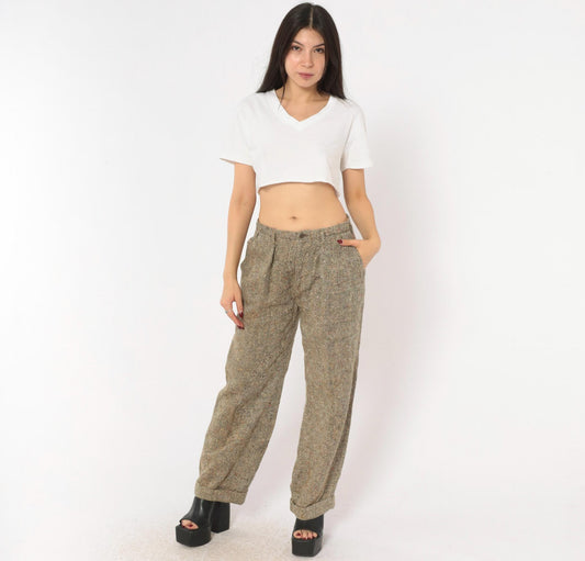 70s Herringbone Tweed Wool Pleated Trousers Tan Cream High Rise Medium