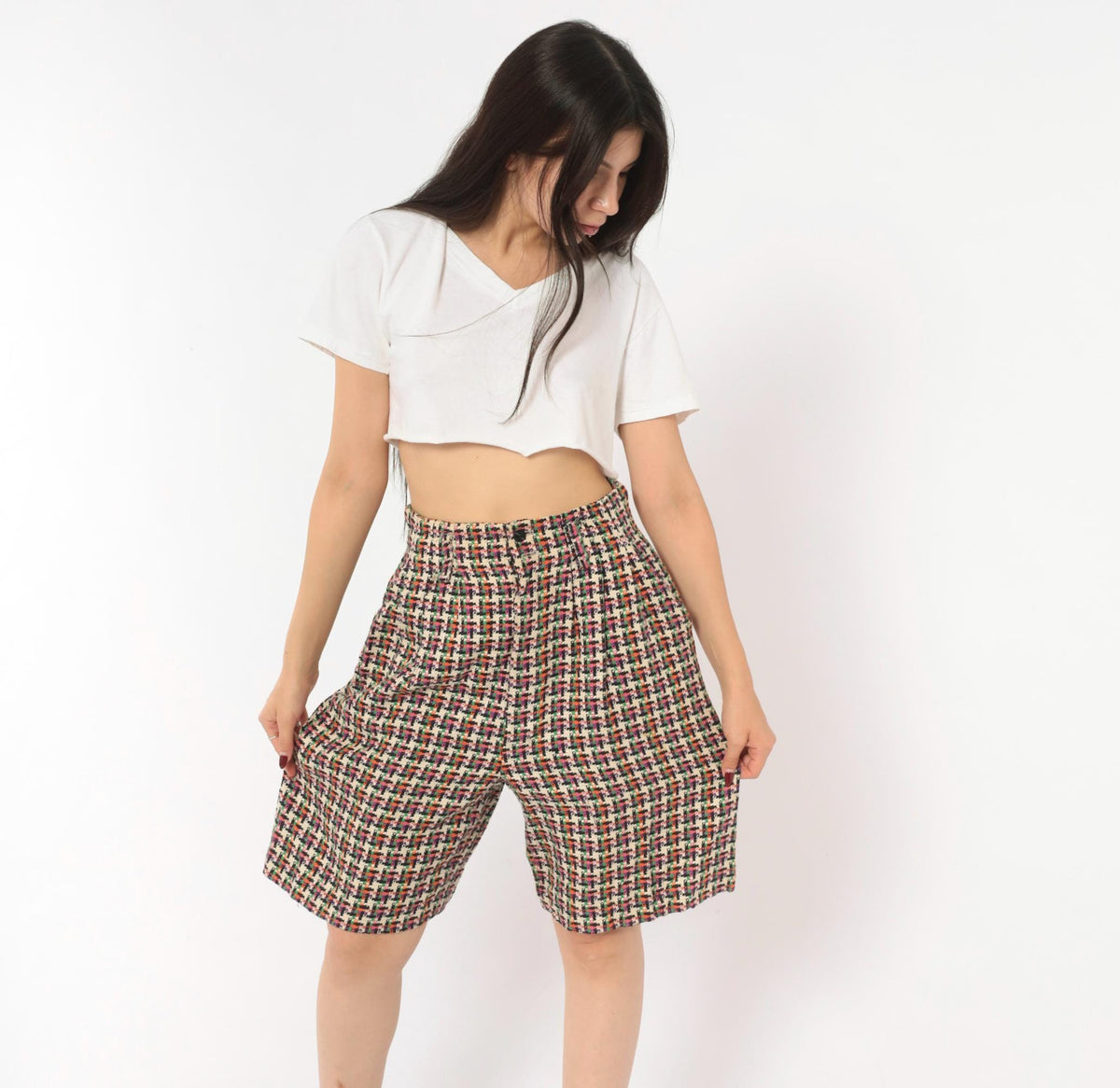 90s For Pete's Sake Houndstooth Pleated Bermuda Shorts Multicolor Linen Small