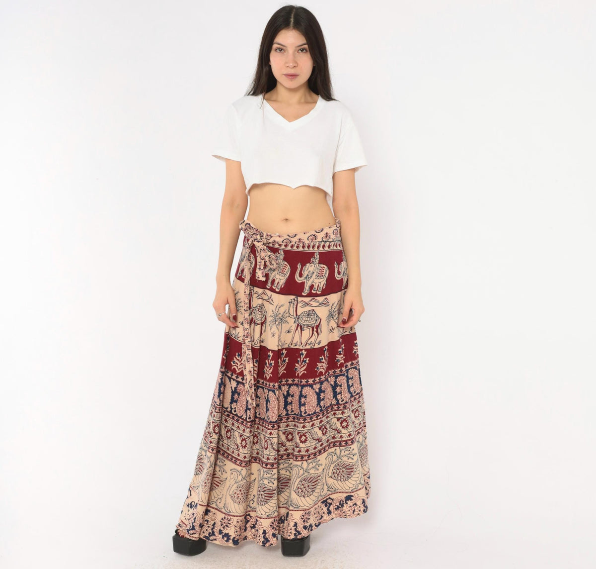 70s Indian Block Print Cotton Wrap Skirt Maxi Burgundy Navy Elephant Peacock Small
