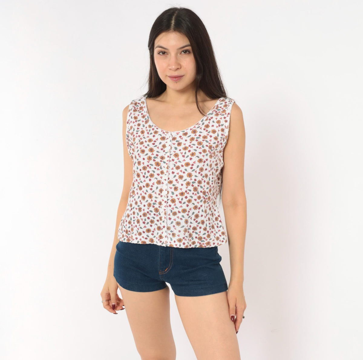 90s Denim Republic Floral Button Tank Sunflower Heart Print White Large L