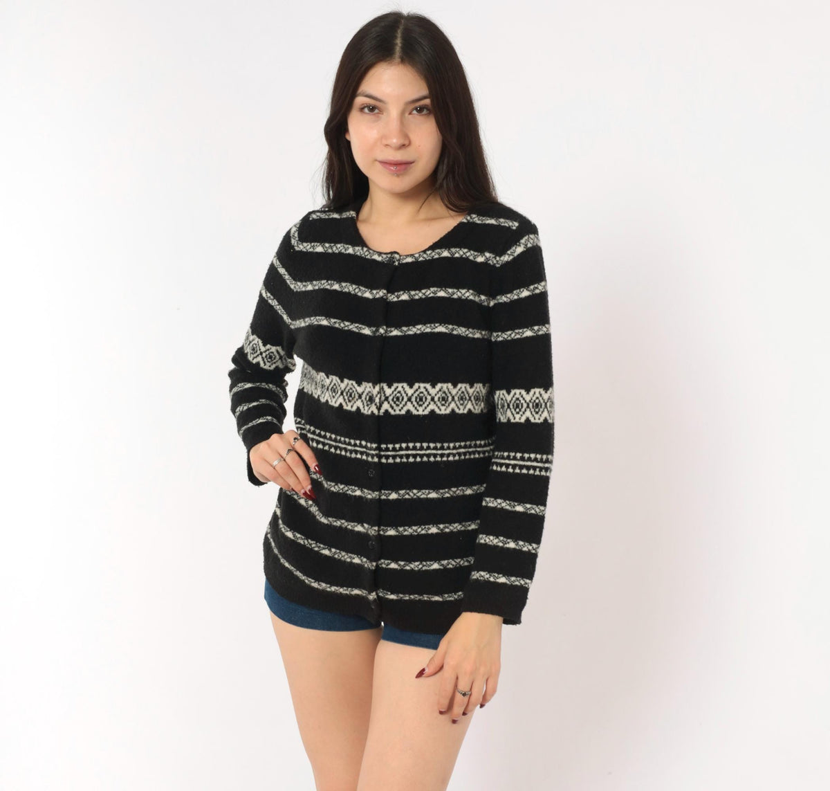 90s Moda International Fair Isle Cardigan Black White Wool Knit Medium M