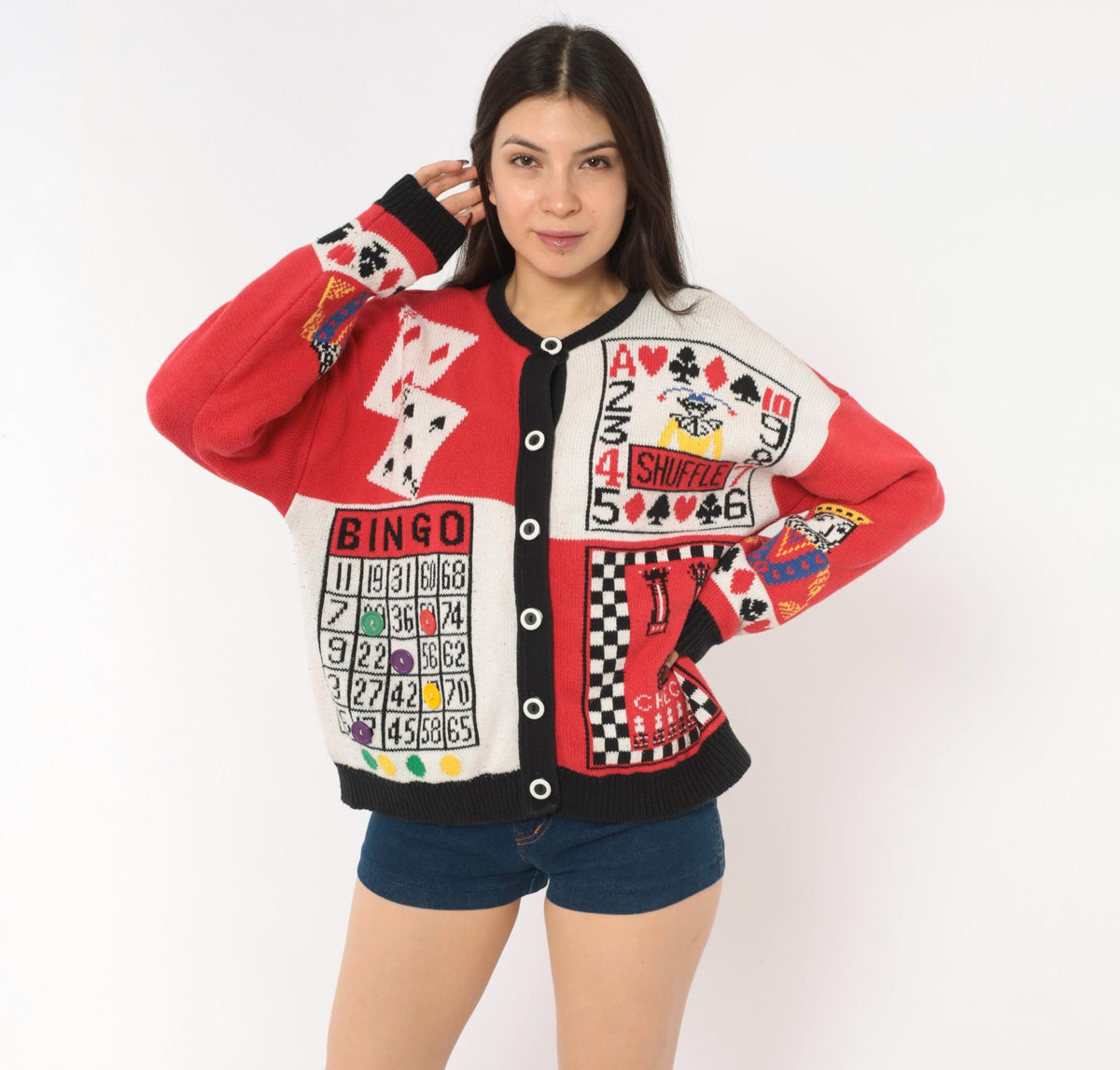 90s Casual Corner Cardigan Red Black Game Night Novelty Knit Large L