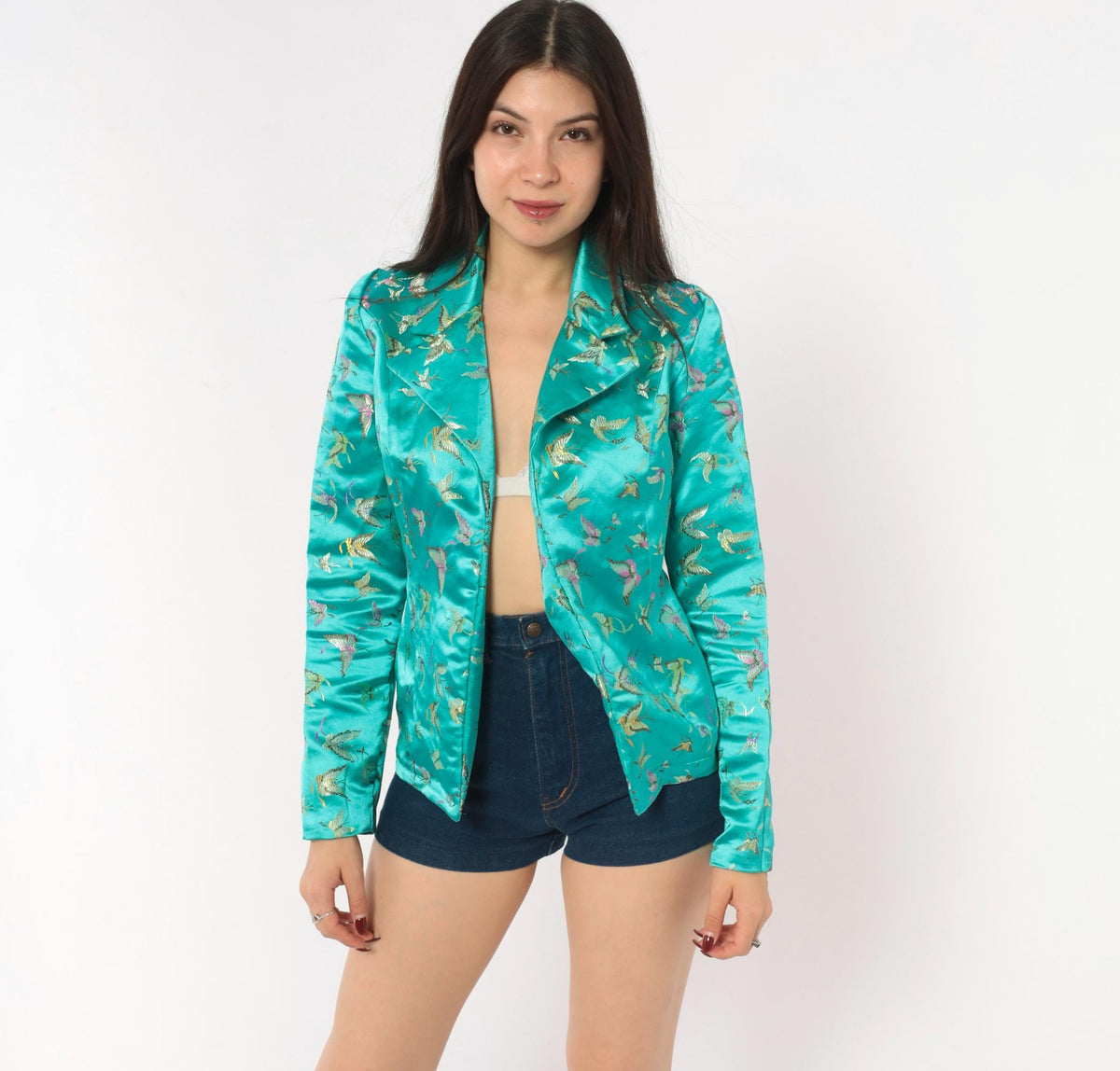 90s Teal Satin Brocade Blazer Butterfly Bird Embroidered XS