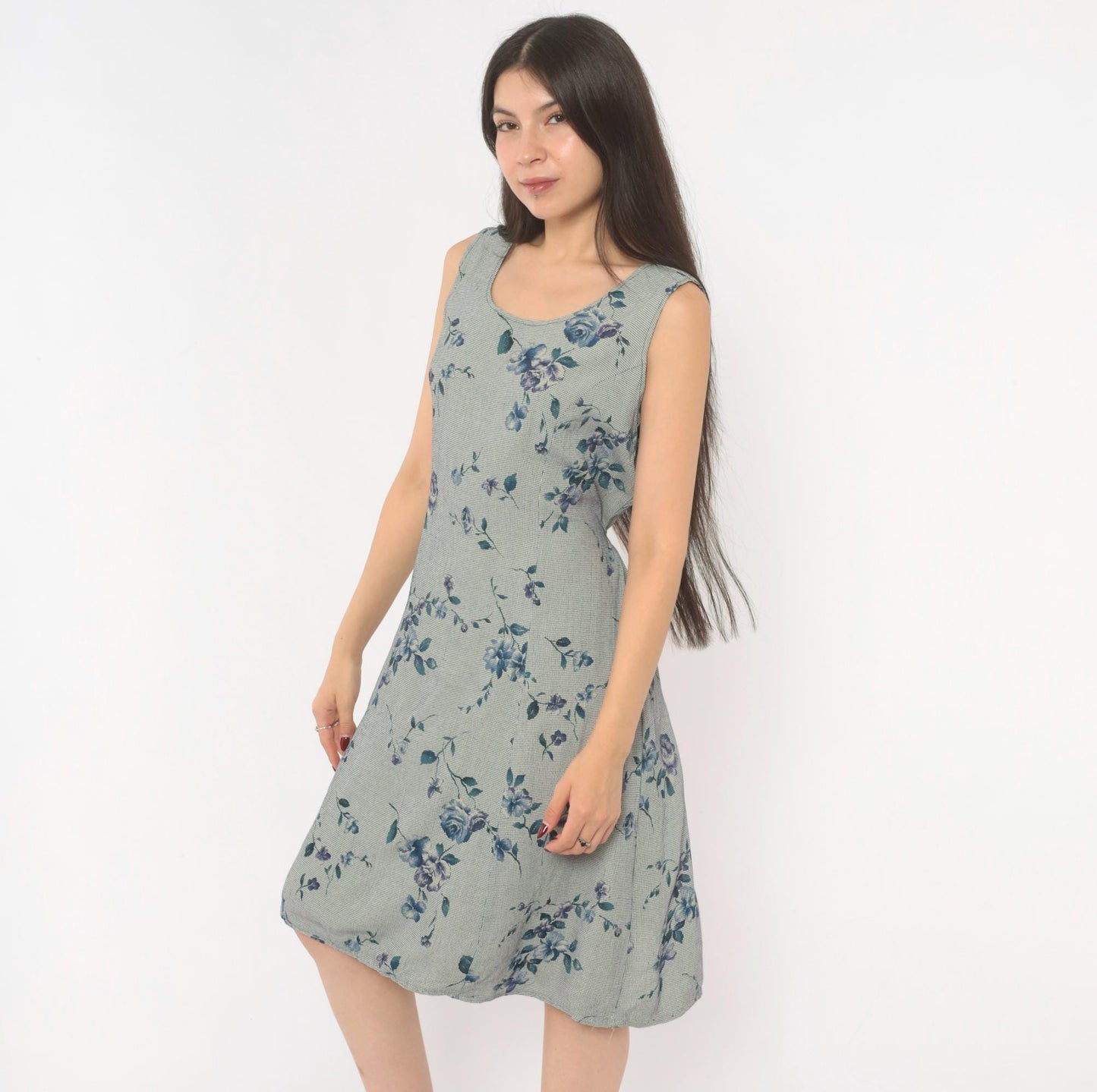 90s Floral Gingham Sundress Blue Rose Print Knee Length A-Line Medium M