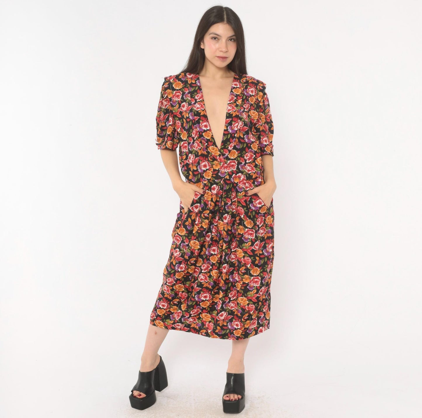 90s R.J. Stevens Floral Wrap Dress Deep V Midi Black Rose Print Large