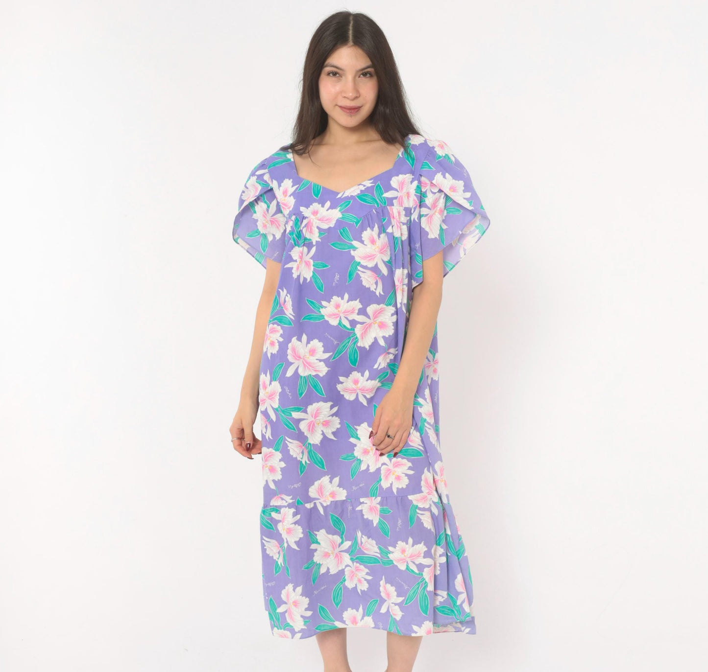 80s Jade Fashions Hawaiian Muumuu Dress Purple Orchid Floral Plus Size XXL