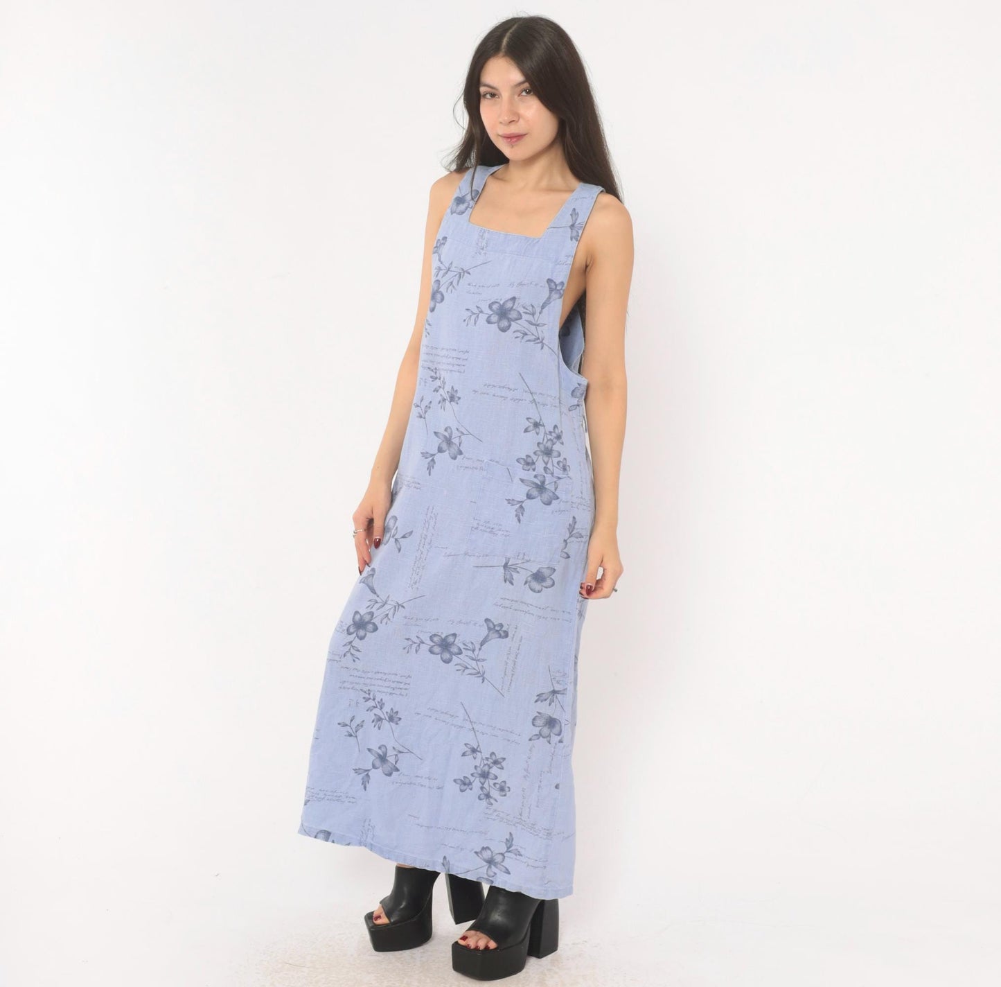 2000s Sweet Jessie Periwinkle Linen Maxi Dress Botanical Print Square Neck Medium M