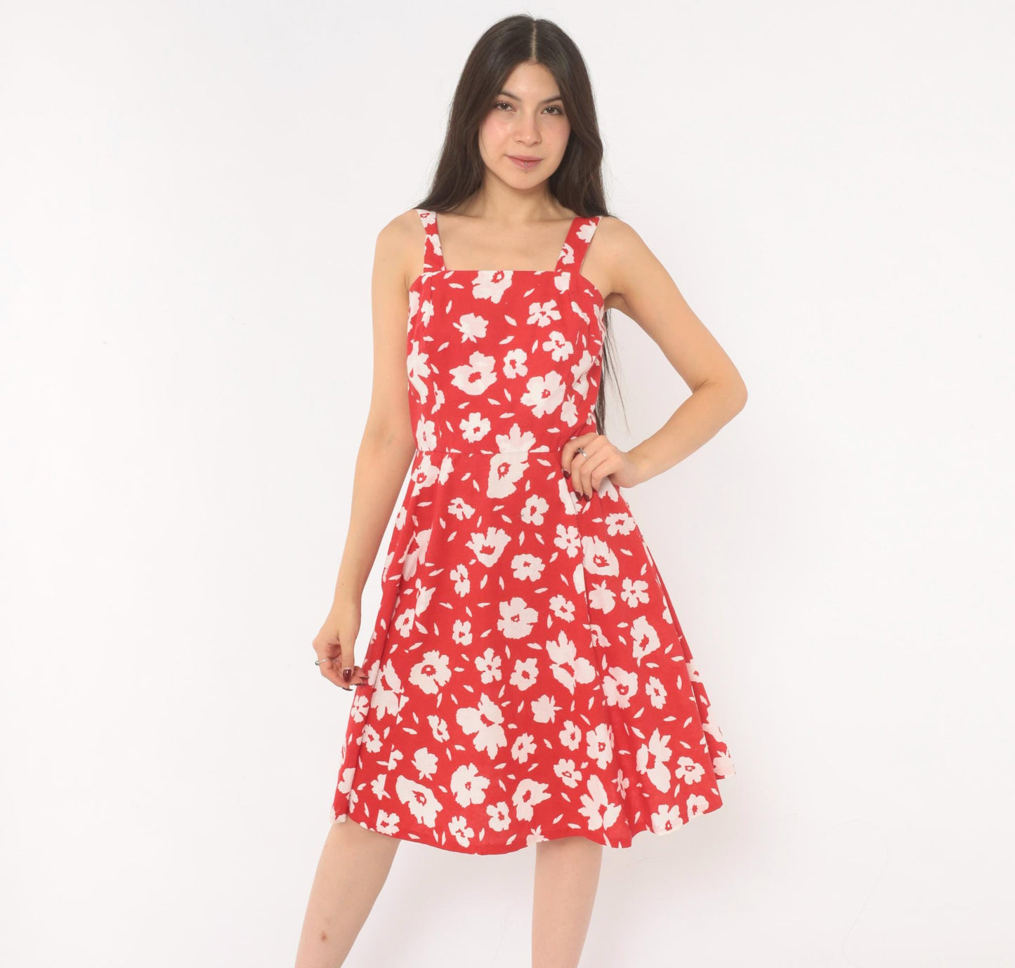 80s Red Floral Cotton Sundress White Square Neck A-Line Knee Length Extra Small XS