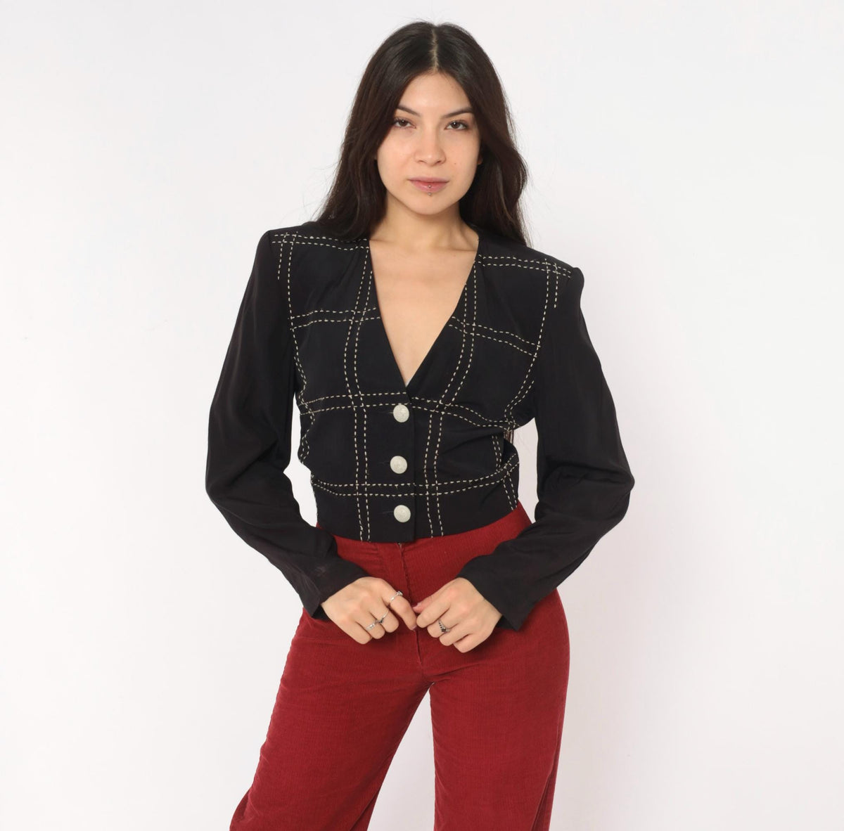 90s Karen Kane Cropped Blazer Black White Grid Stitch V-Neck Extra Small XS