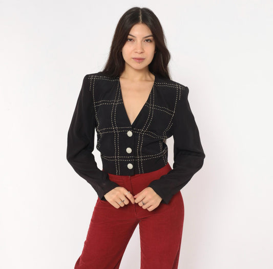 90s Karen Kane Cropped Blazer Black White Grid Stitch V-Neck Extra Small XS