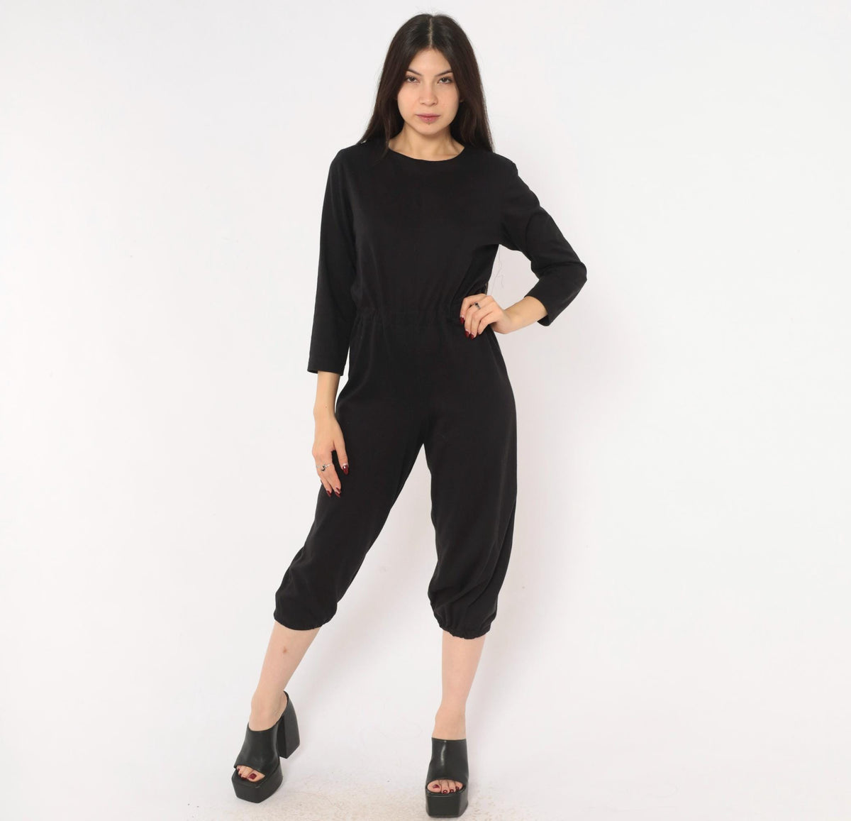 80s Black Jumpsuit Cropped Leg Three Quarter Sleeve Scoop Neck Small