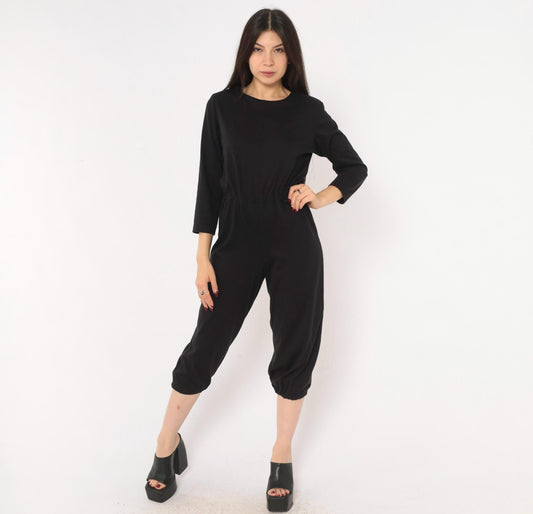 80s Black Jumpsuit Cropped Leg Three Quarter Sleeve Scoop Neck Small