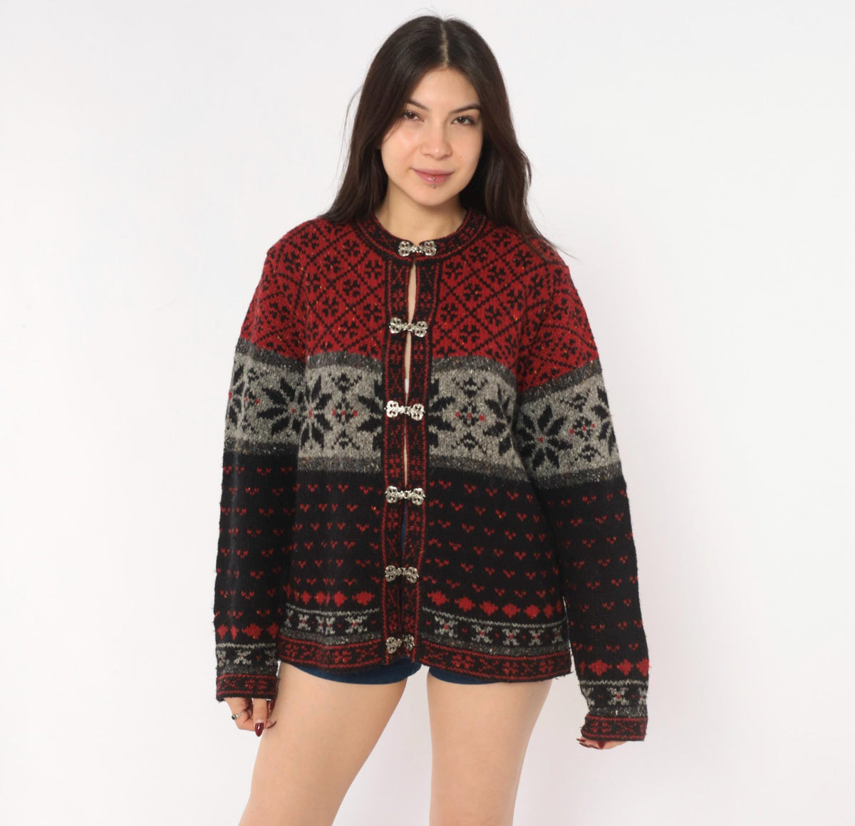 90s Croft & Barrow Nordic Cardigan Wool Blend Fair Isle Snowflake Black Grey Medium M