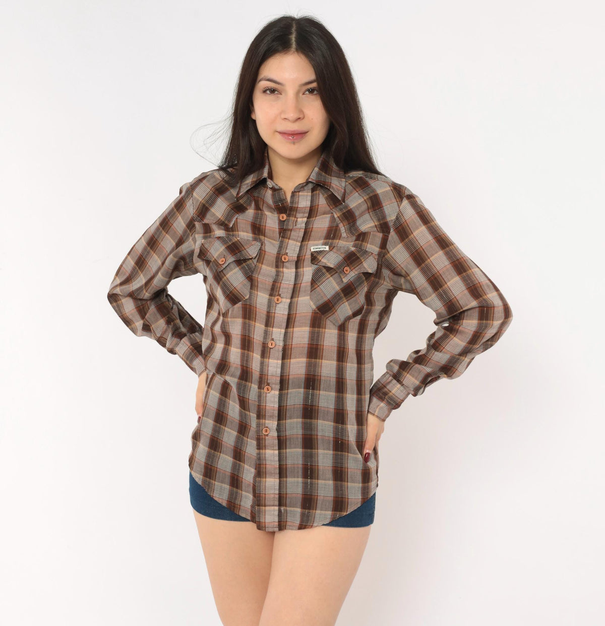 70s Kennington Plaid Button-Up Shirt Brown Tan Western Yoke Small