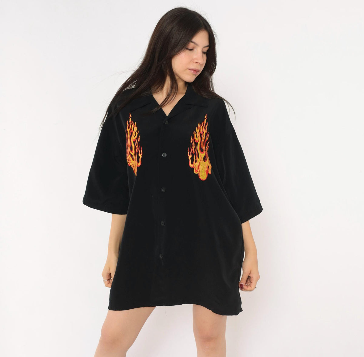 2000s Silver Point Black Bowling Shirt Flame Embroidered Camp Collar Extra Large XL