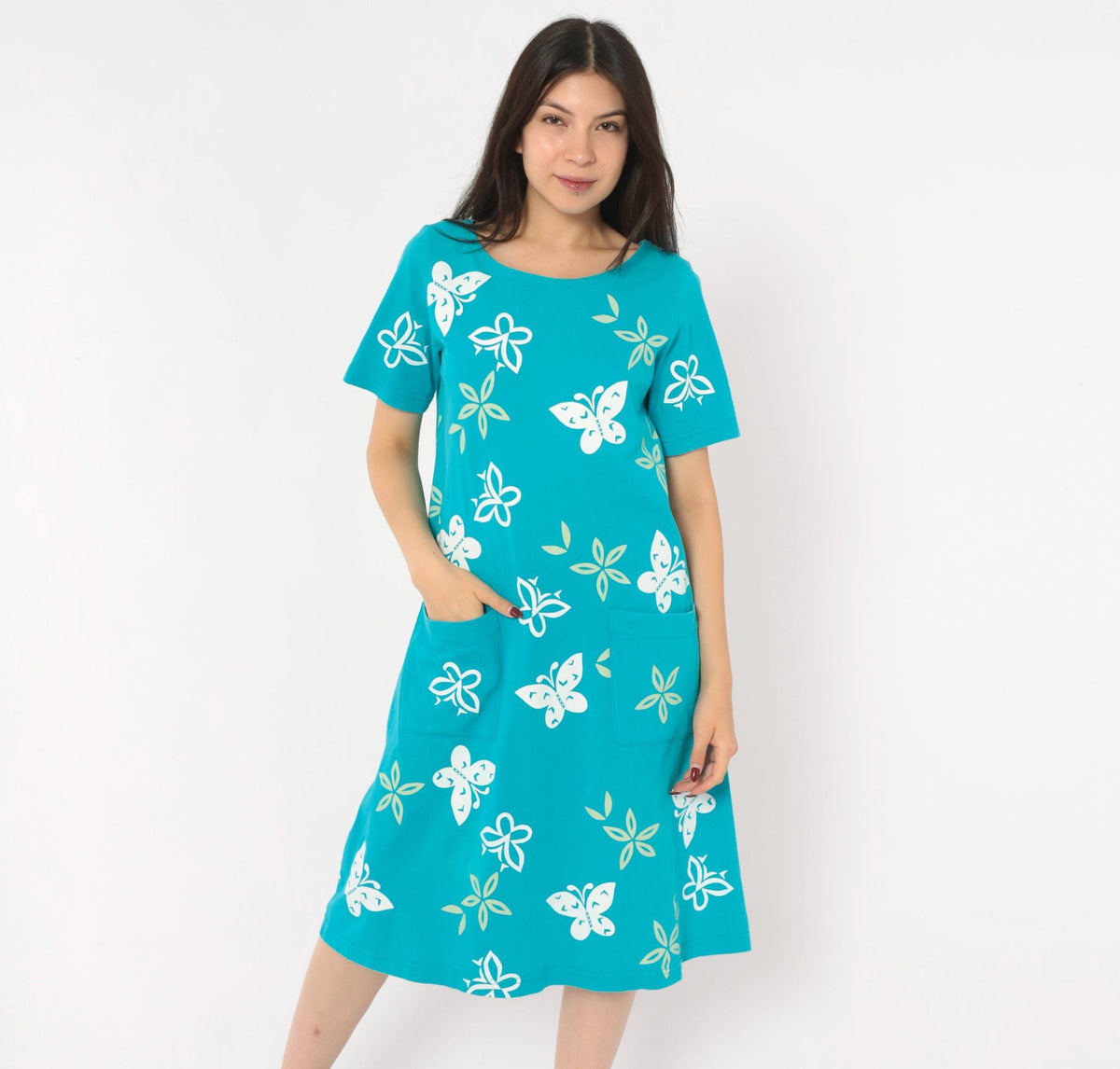 90s M. Mac Butterfly Shift Dress Teal Cotton Knee-Length Pockets Small S