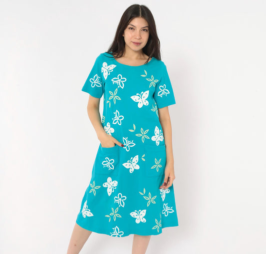 90s M. Mac Butterfly Shift Dress Teal Cotton Knee-Length Pockets Small S