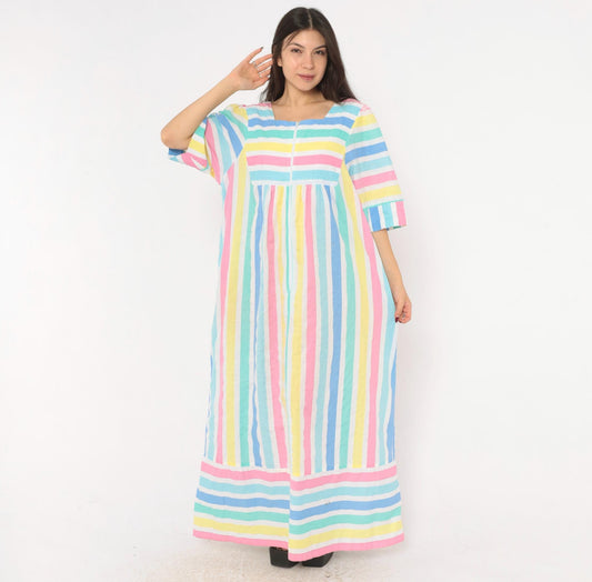 80s Saybury Pastel Striped Maxi Dress Square Neck Empire Waist Extra Large