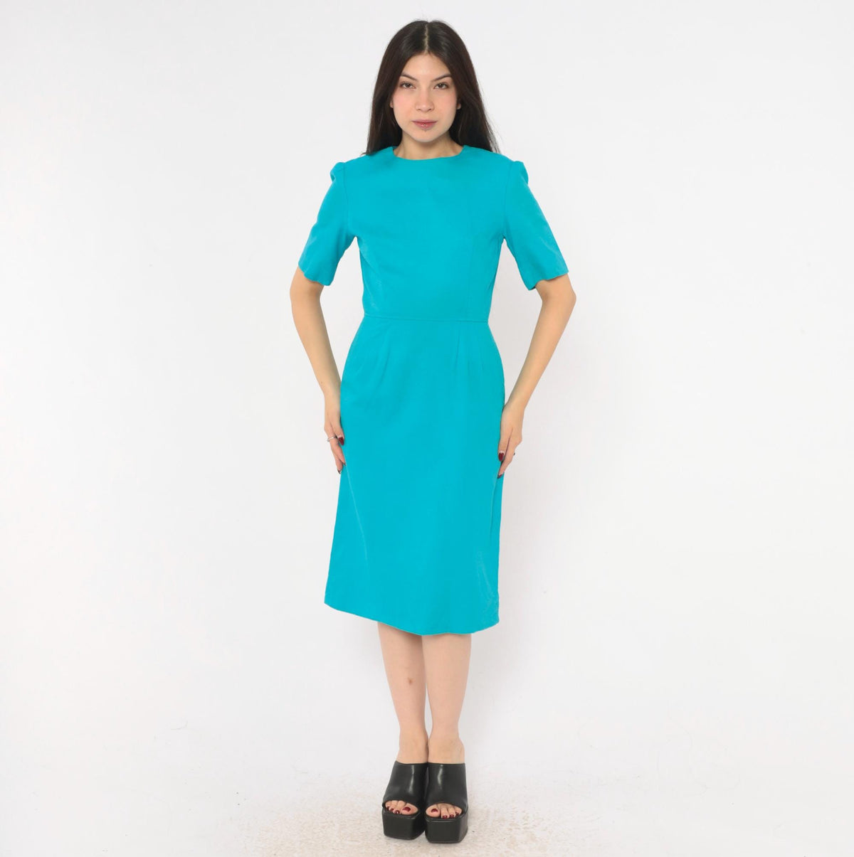 60s Teal Sheath Dress Puff Sleeve Back Zipper Knee Length Extra Small