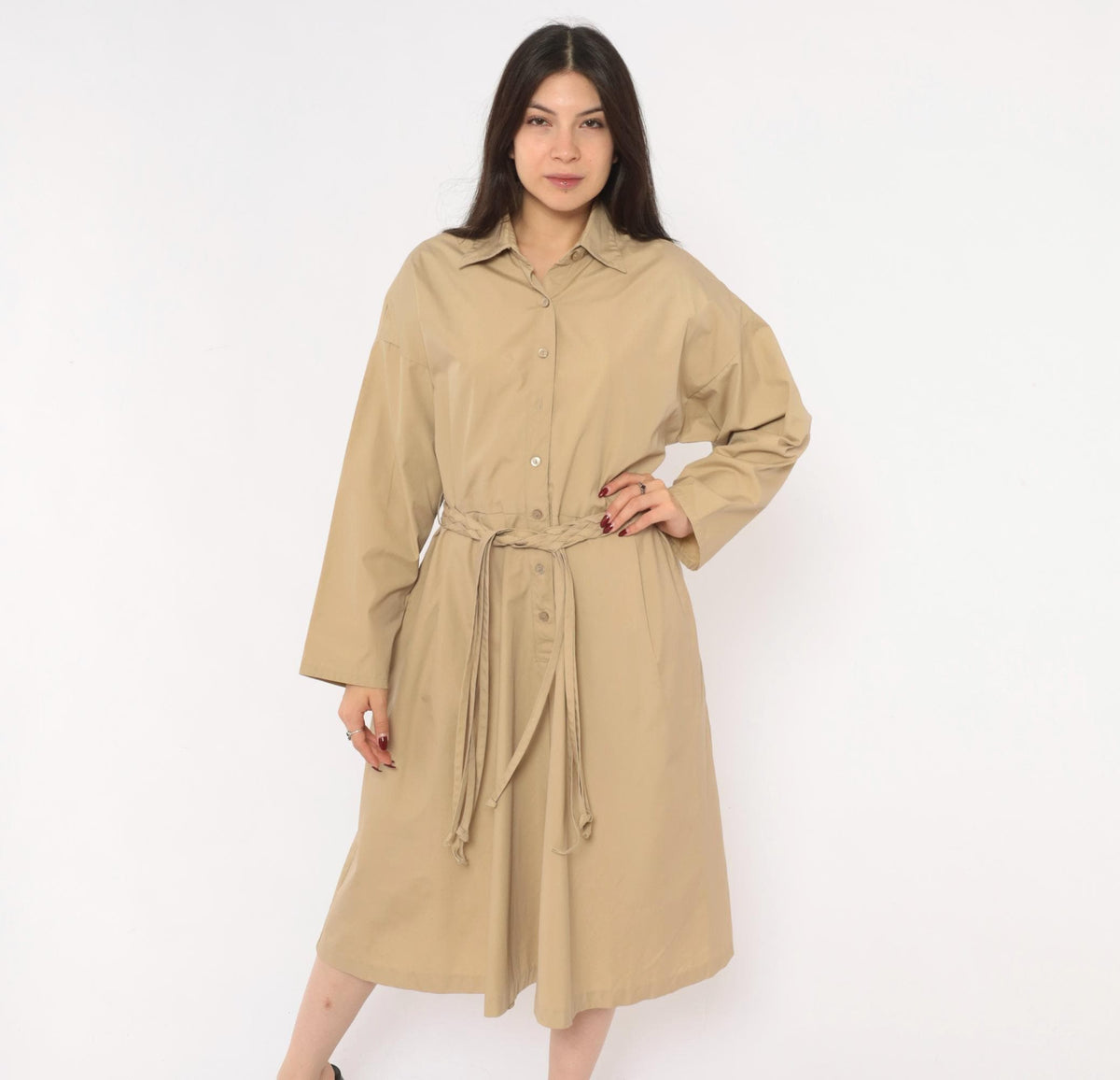 80s Tan Shirt Dress Braided Belt Pointed Collar A-Line Knee Length Large
