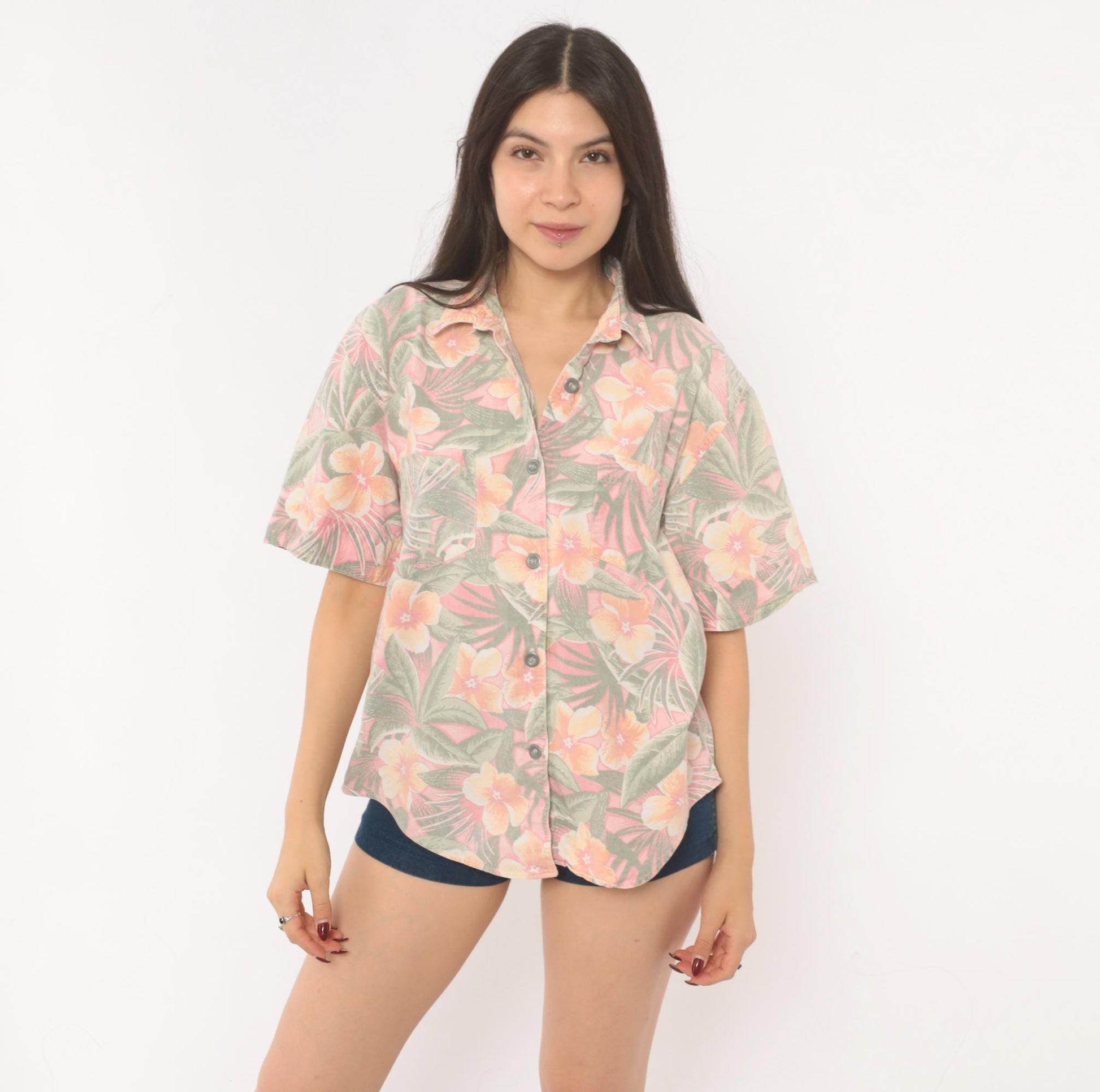 90s Essentials Sport Hawaiian Shirt Pink Coral Floral Camp Collar Cotton Large L