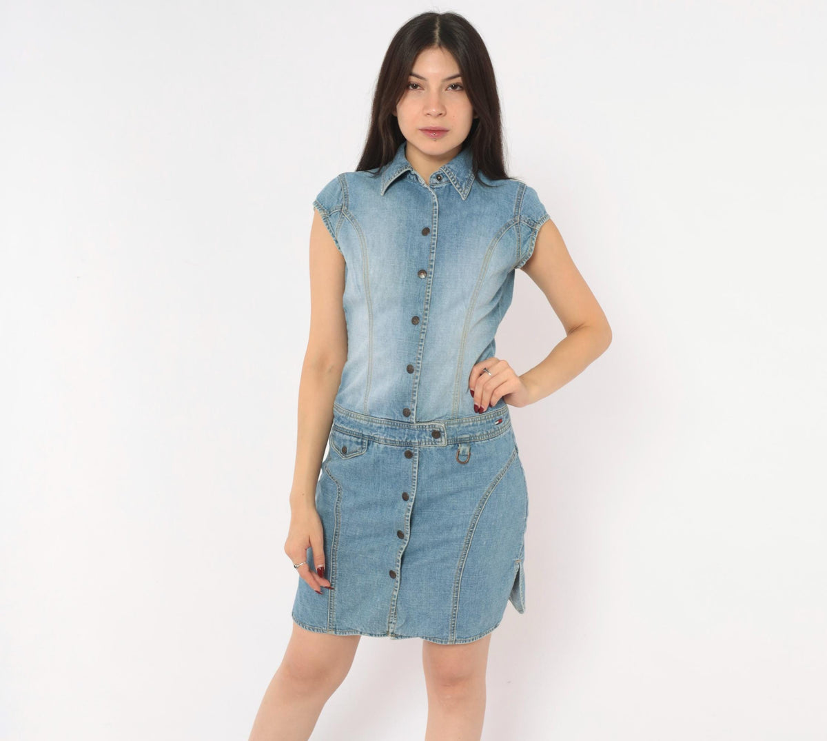 Tommy Jeans Y2K Light Wash Denim Mini Dress Snap Button Small S