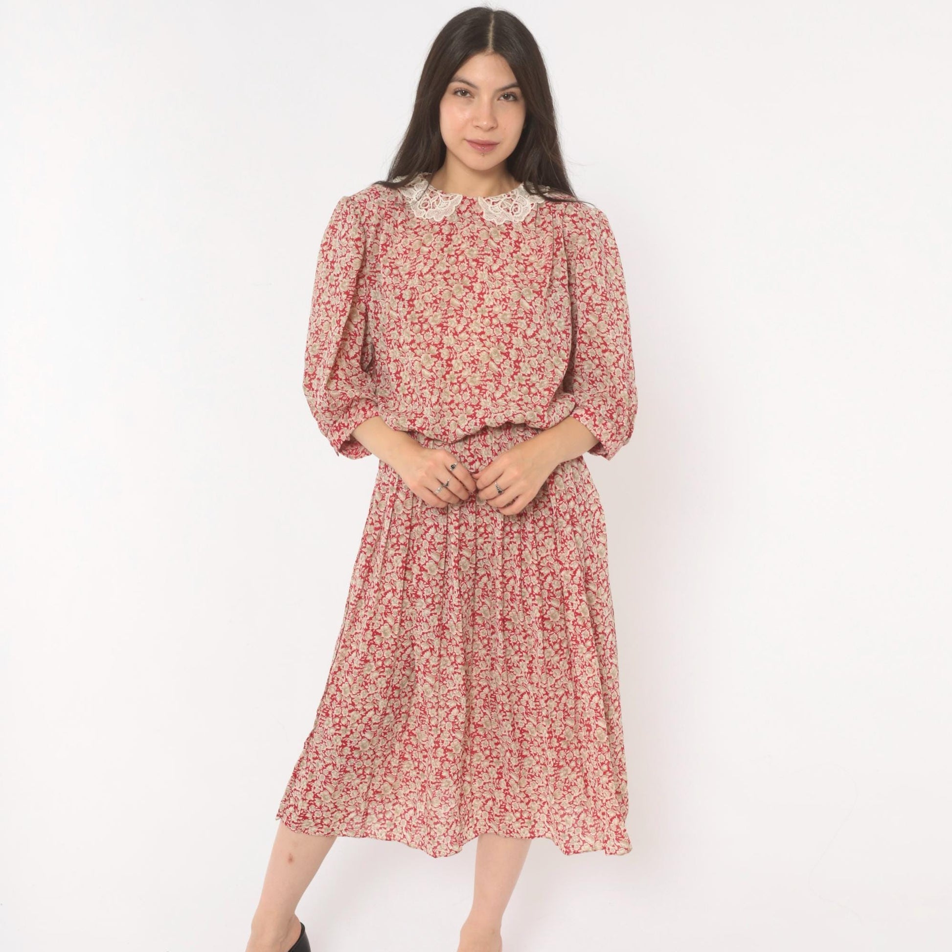 90s Breli Originals Floral Midi Dress Red Cream Lace Collar Puff Sleeve Medium Large