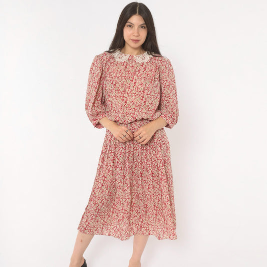 90s Breli Originals Floral Midi Dress Red Cream Lace Collar Puff Sleeve Medium Large